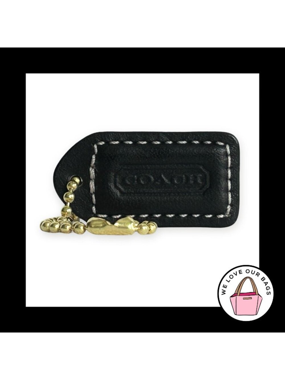 COACH Y2K VINTAGE Hang Tag 1.5" Black Leather Bag Charm Keychain Fob Brass Small